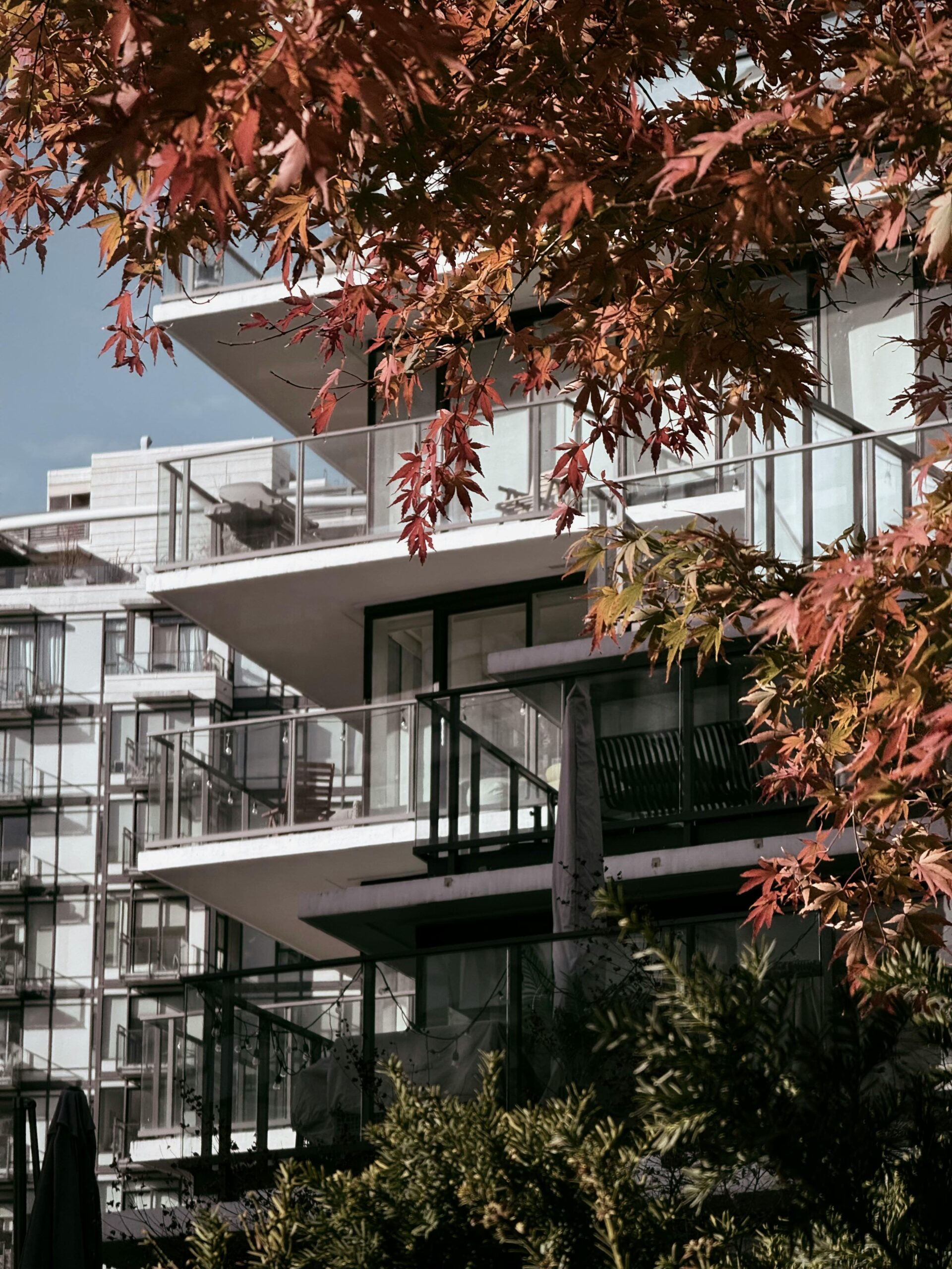 Contemporary apartment building with fall foliage in Vancouver, showcasing modern architecture and autumn colors.